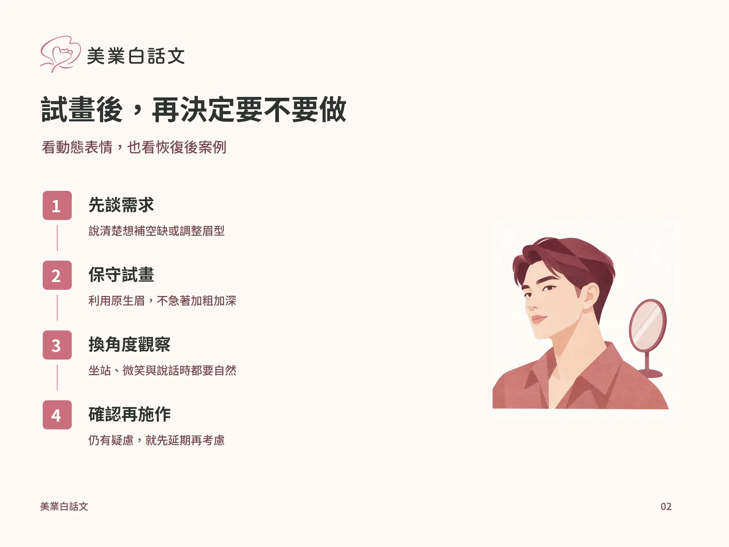 試畫後，再決定要不要做：先談需求，說清楚想補空缺或調整眉型；保守試畫，利用原生眉，不急著加粗加深；換角度觀察，坐站、微笑與說話時都要自然；確認再施作，仍有疑慮，就先延期再考慮