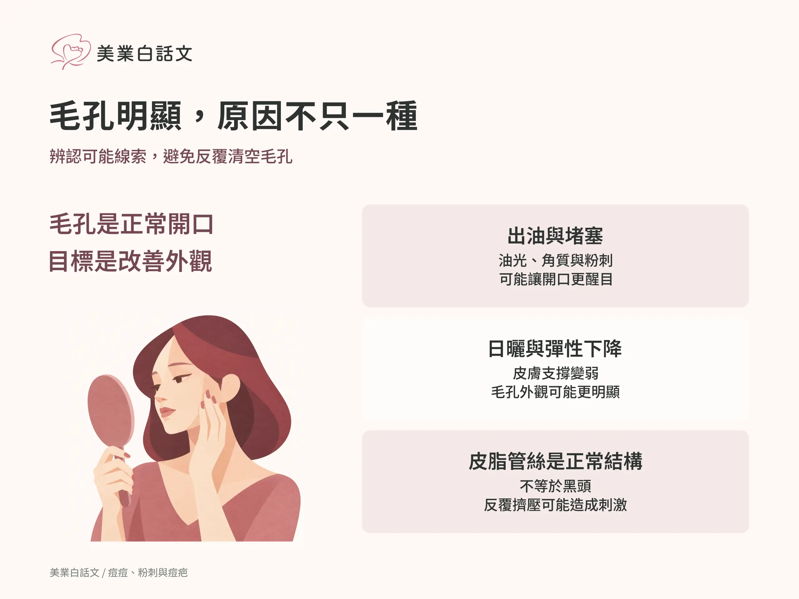 毛孔明顯，原因不只一種：出油與堵塞，油光、角質與粉刺可能讓開口更醒目；日曬與彈性下降，皮膚支撐變弱毛孔外觀可能更明顯；皮脂管絲是正常結構，不等於黑頭反覆擠壓可能造成刺激