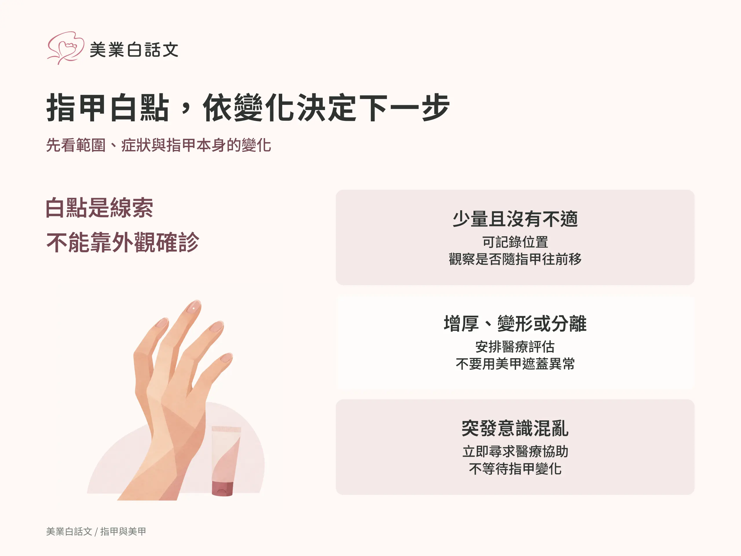指甲白點，依變化決定下一步：少量且沒有不適，可記錄位置觀察是否隨指甲往前移；增厚、變形或分離，安排醫療評估不要用美甲遮蓋異常；突發意識混亂，立即尋求醫療協助不等待指甲變化