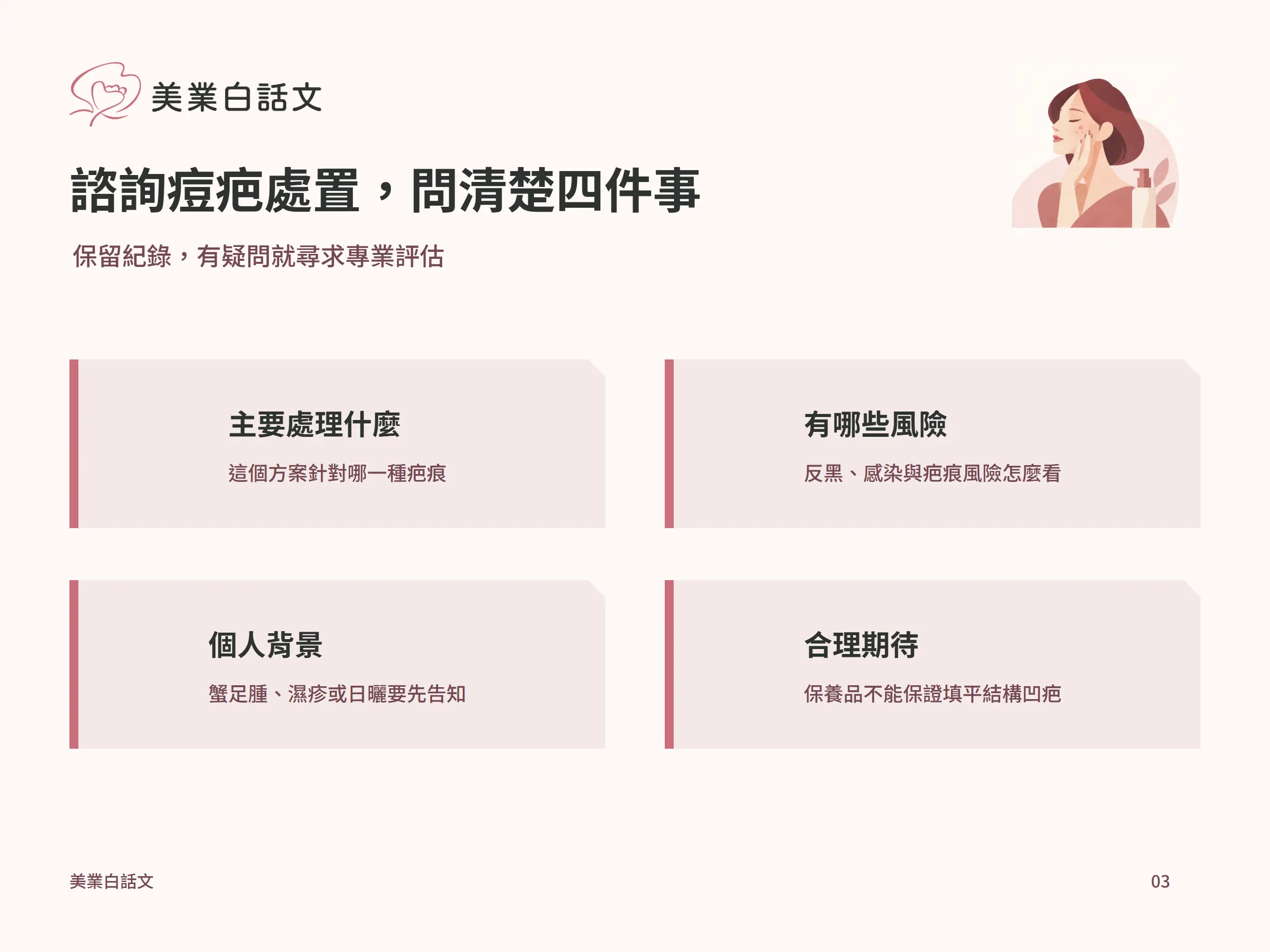 諮詢痘疤處置，問清楚四件事：主要處理什麼，這個方案針對哪一種疤痕；有哪些風險，反黑、感染與疤痕風險怎麼看；個人背景，蟹足腫、濕疹或日曬要先告知；合理期待，保養品不能保證填平結構凹疤