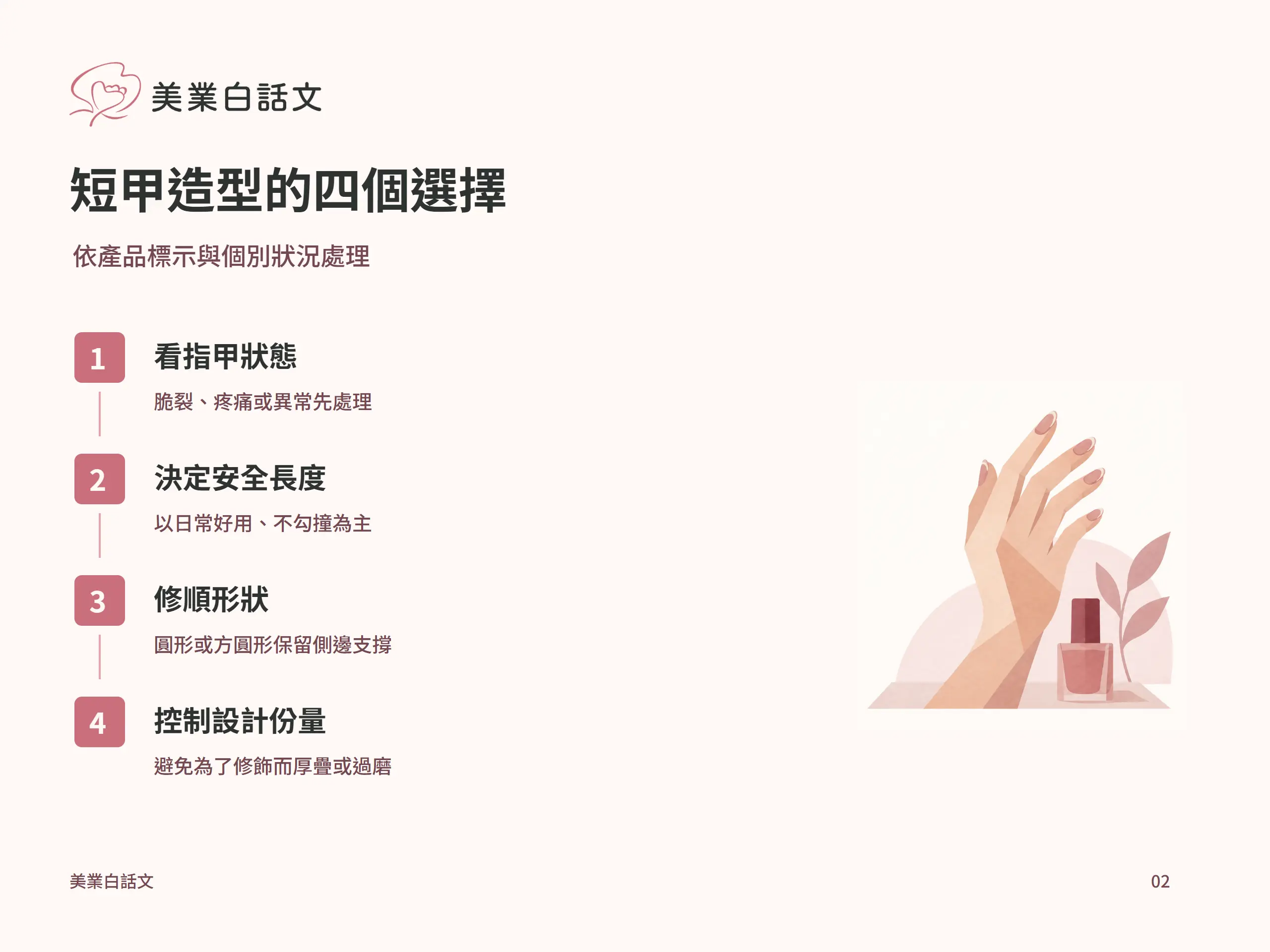 短甲造型的四個選擇：看指甲狀態，脆裂、疼痛或異常先處理；決定安全長度，以日常好用、不勾撞為主；修順形狀，圓形或方圓形保留側邊支撐；控制設計份量，避免為了修飾而厚疊或過磨