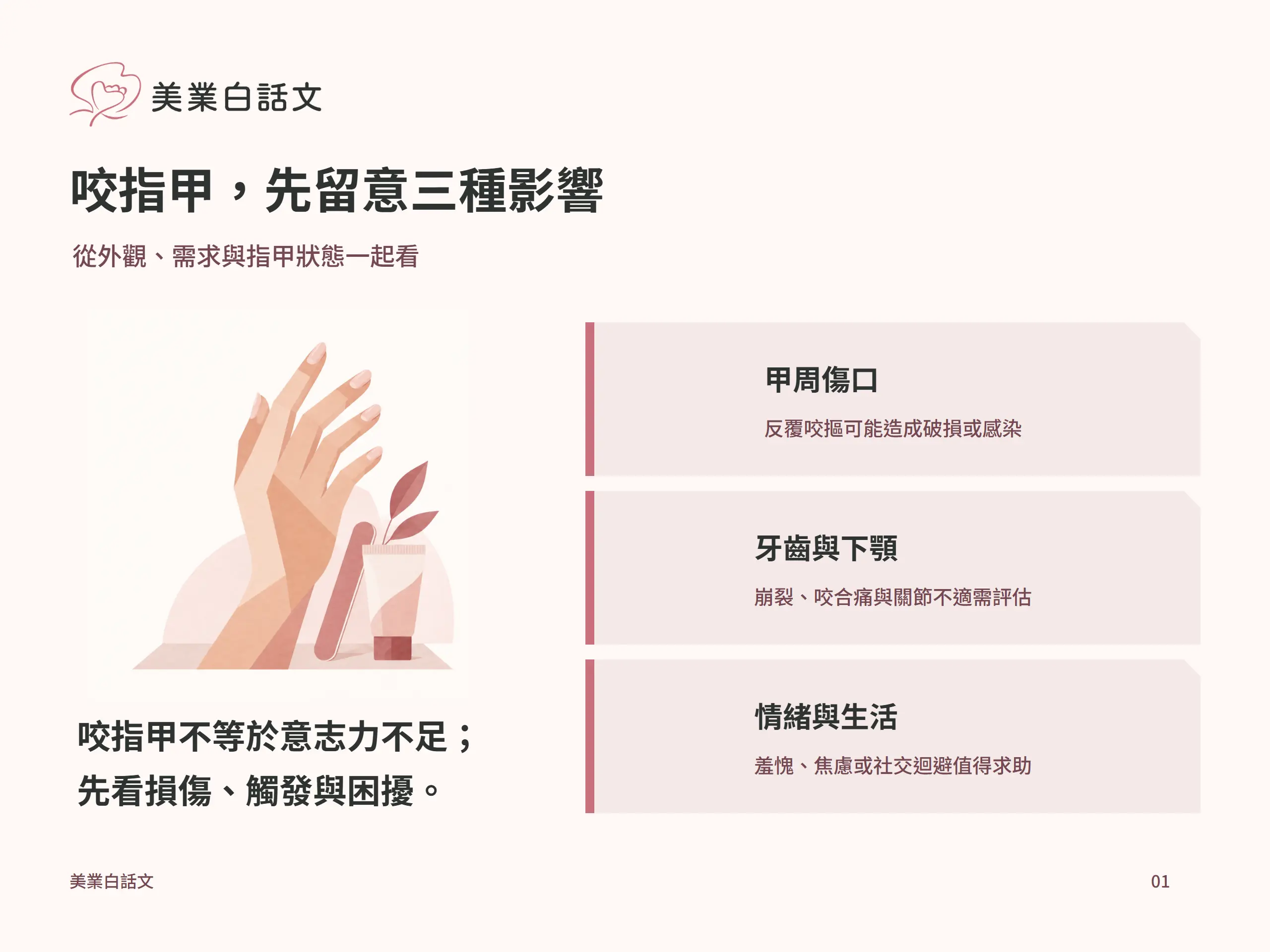 咬指甲，先留意三種影響：甲周傷口，反覆咬摳可能造成破損或感染；牙齒與下顎，崩裂、咬合痛與關節不適需評估；情緒與生活，羞愧、焦慮或社交迴避值得求助