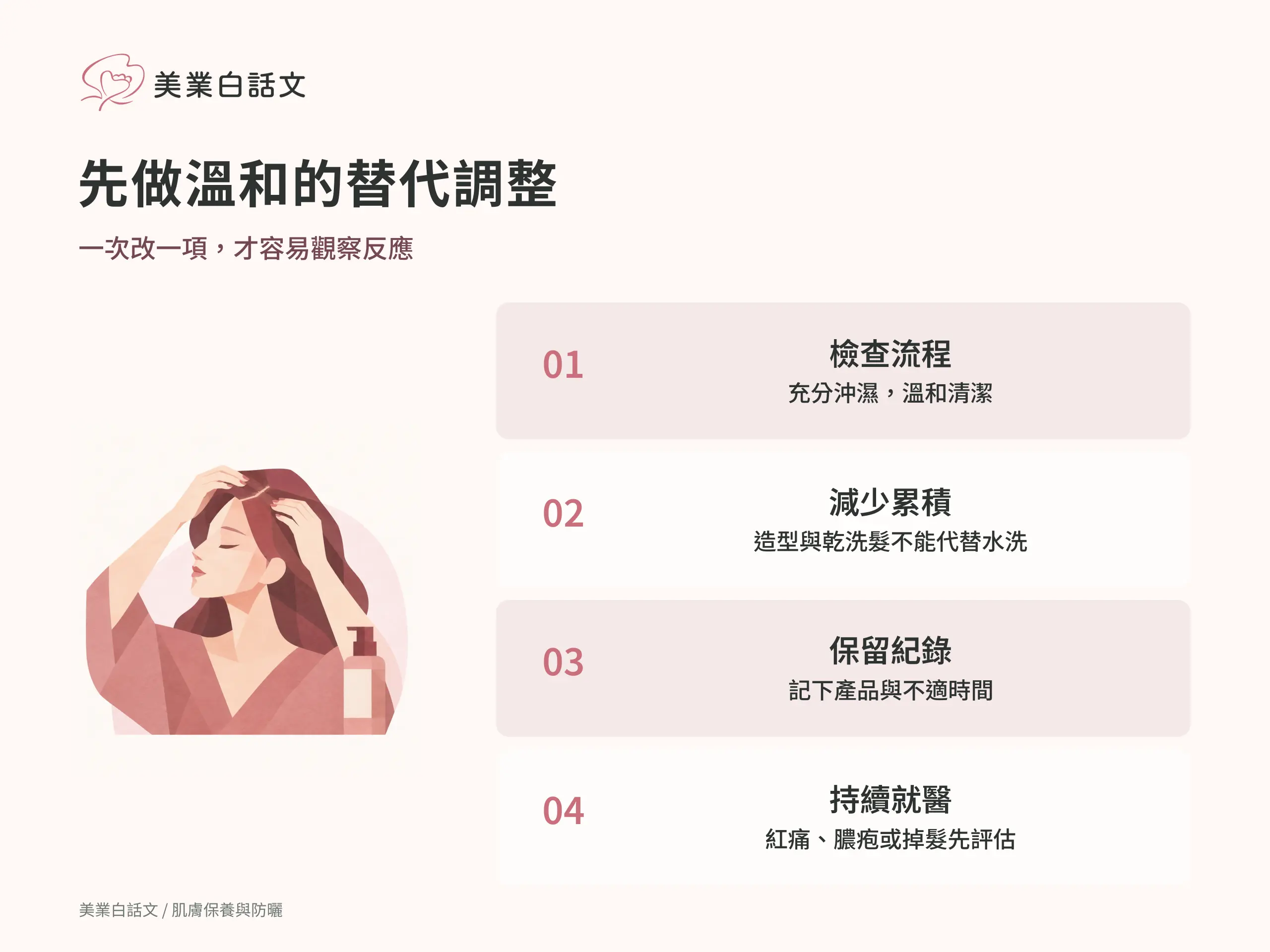 先做溫和的替代調整：1 檢查流程，充分沖濕，溫和清潔；2 減少累積，造型與乾洗髮不能代替水洗；3 保留紀錄，記下產品與不適時間；4 持續就醫，紅痛、膿疱或掉髮先評估