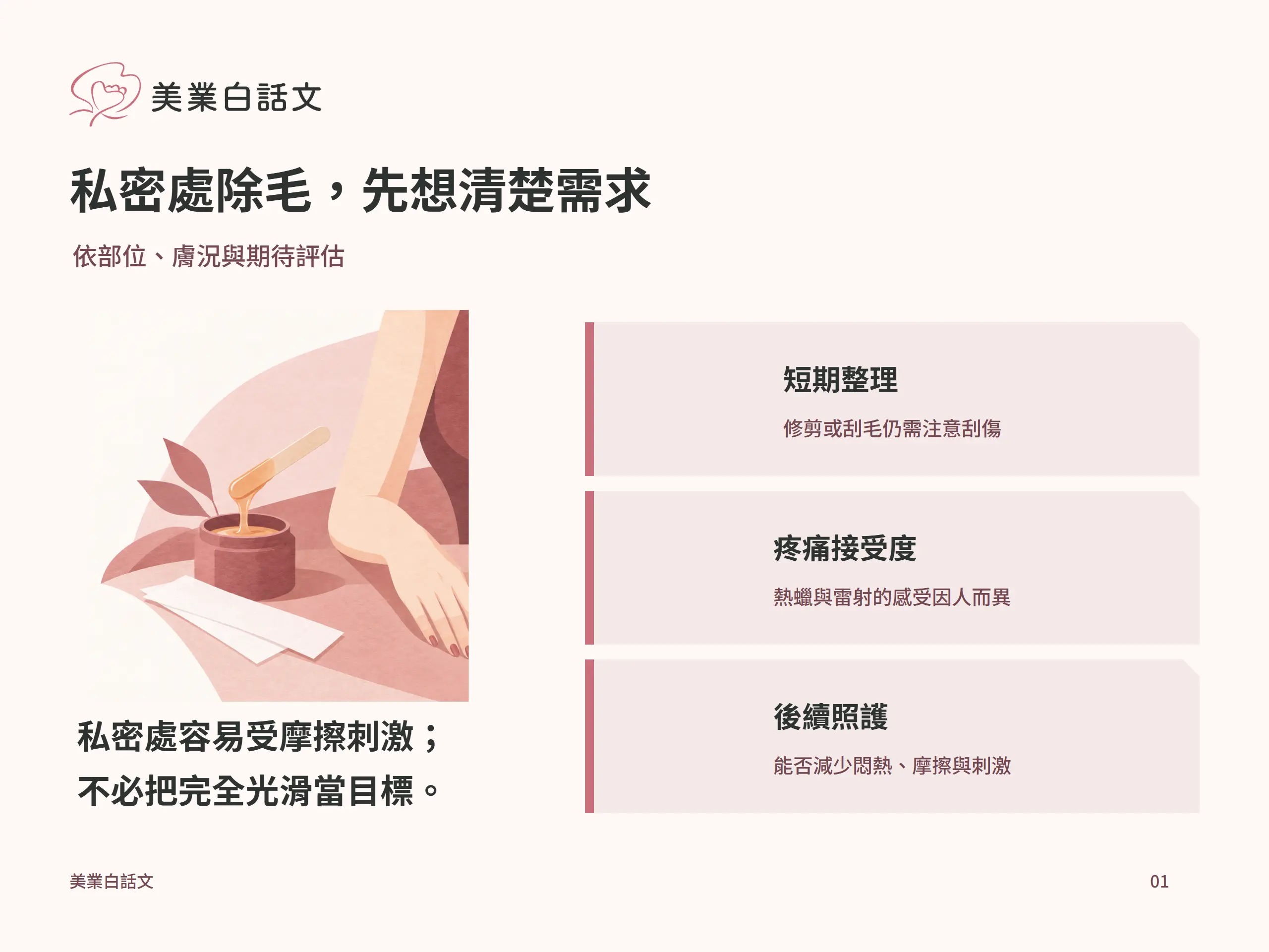 私密處除毛，先想清楚需求：短期整理，修剪或刮毛仍需注意刮傷；疼痛接受度，熱蠟與雷射的感受因人而異；後續照護，能否減少悶熱、摩擦與刺激