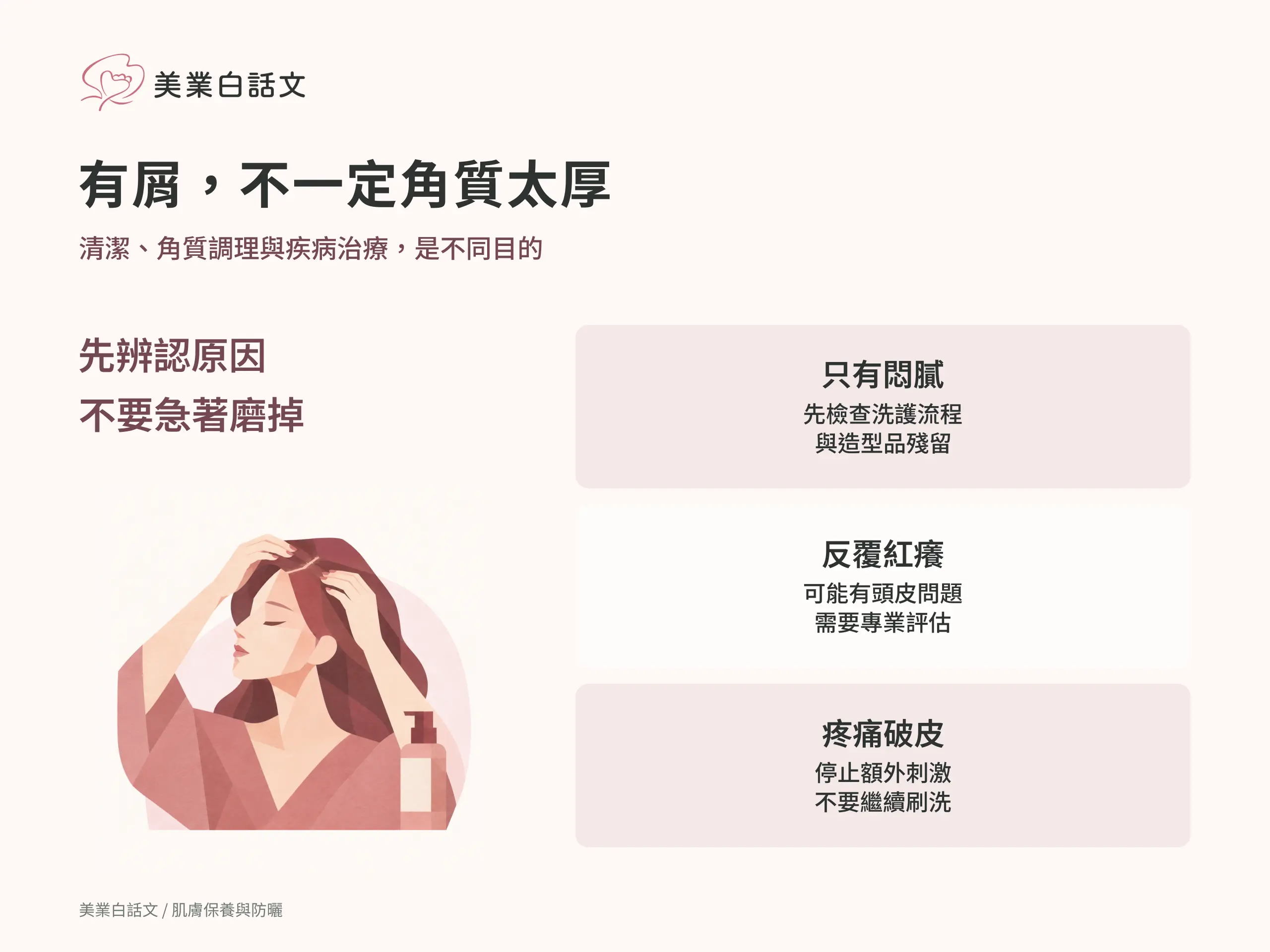 有屑，不一定角質太厚：只有悶膩，先檢查洗護流程與造型品殘留；反覆紅癢，可能有頭皮問題需要專業評估；疼痛破皮，停止額外刺激不要繼續刷洗