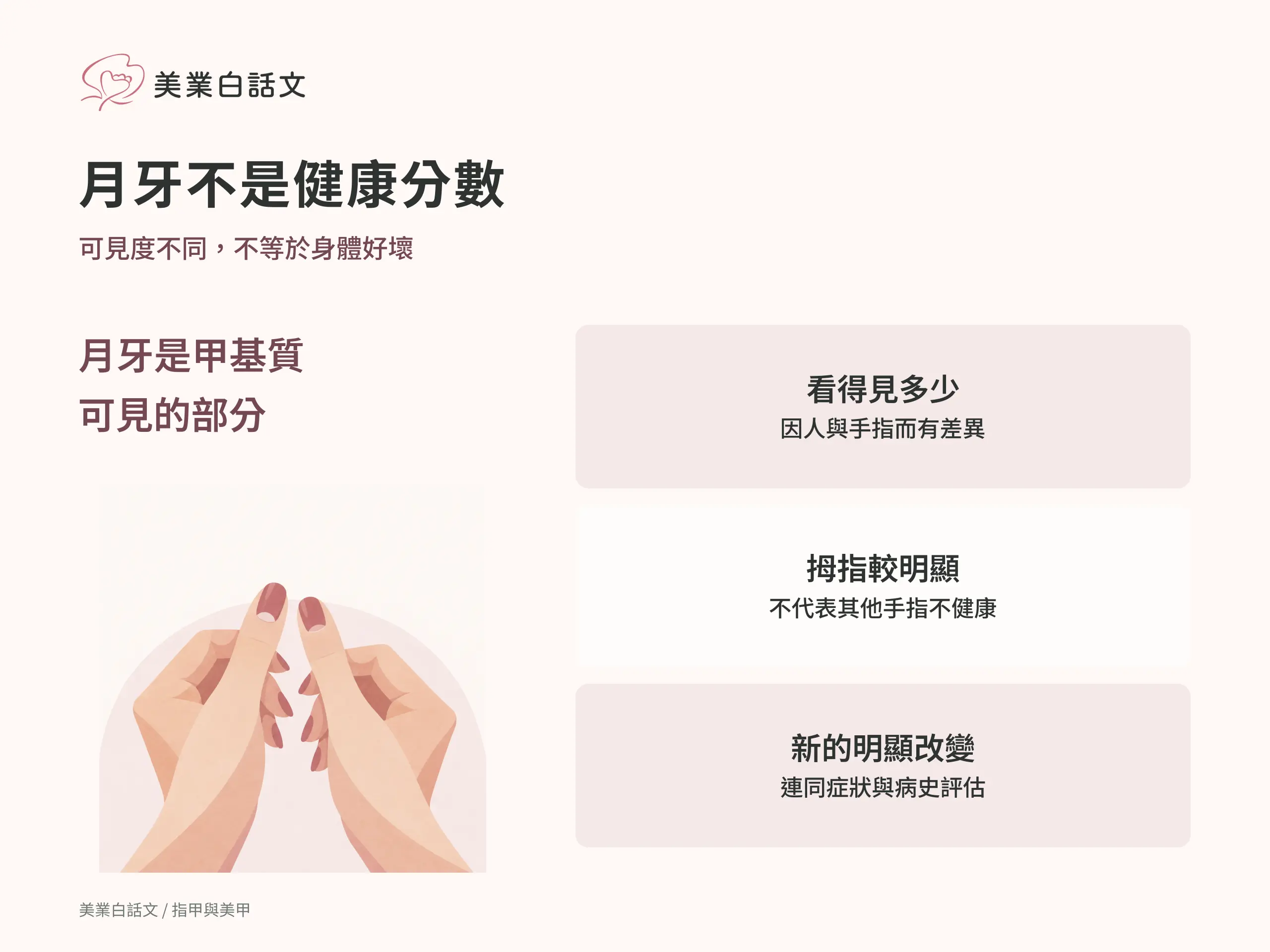 月牙不是健康分數：看得見多少，因人與手指而有差異；拇指較明顯，不代表其他手指不健康；新的明顯改變，連同症狀與病史評估