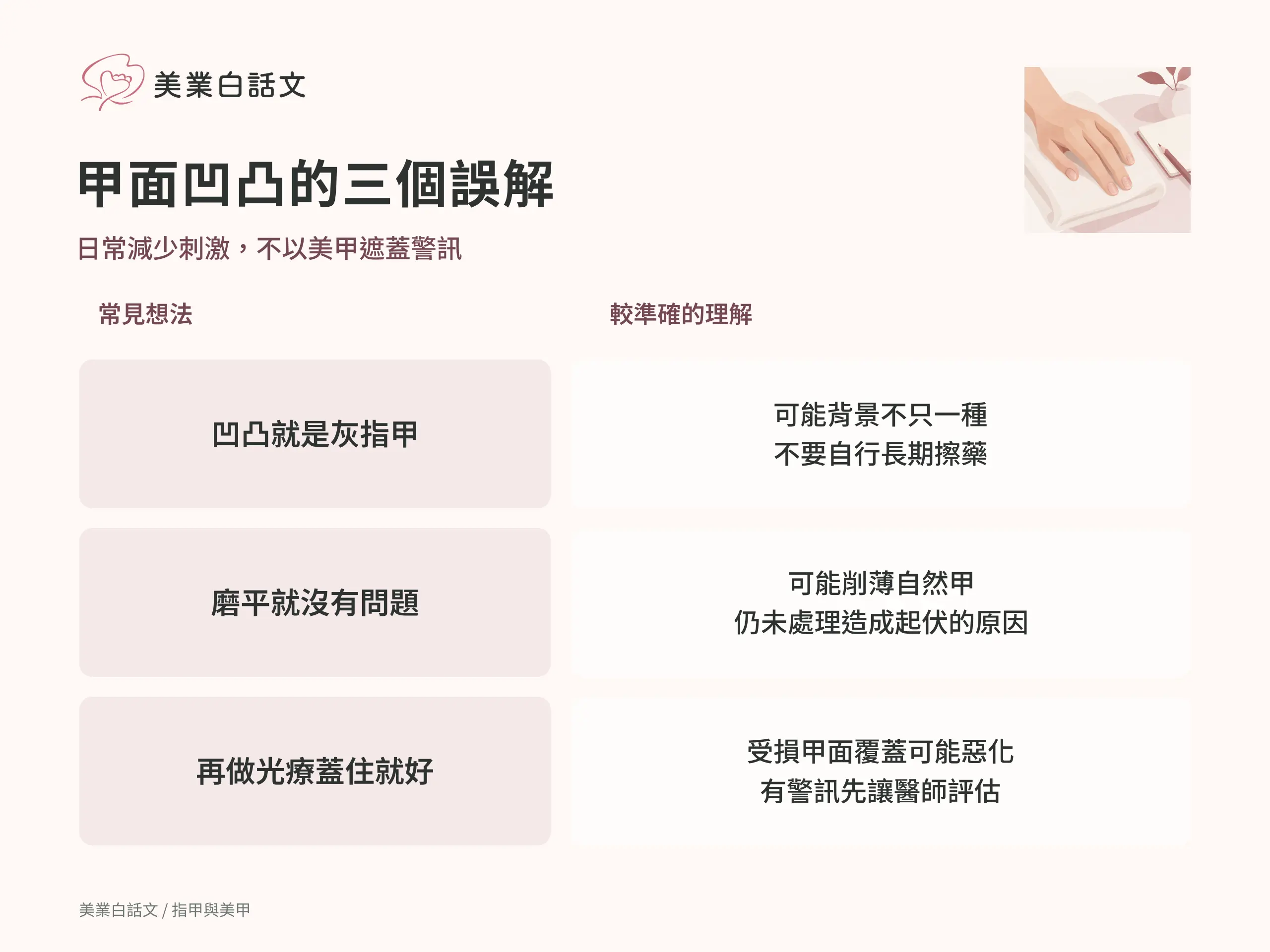 甲面凹凸的三個誤解：凹凸就是灰指甲；可能背景不只一種不要自行長期擦藥。磨平就沒有問題；可能削薄自然甲仍未處理造成起伏的原因。再做光療蓋住就好；受損甲面覆蓋可能惡化有警訊先讓醫師評估