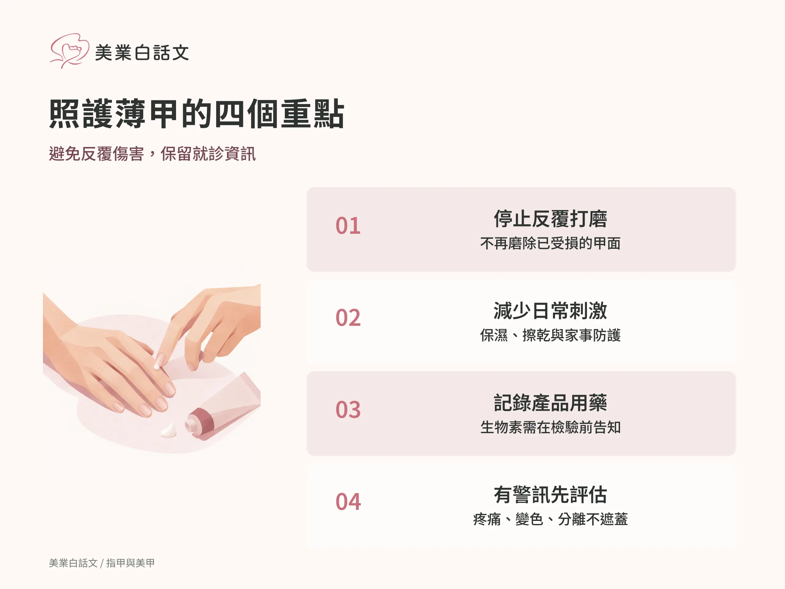 照護薄甲的四個重點：1 停止反覆打磨，不再磨除已受損的甲面；2 減少日常刺激，保濕、擦乾與家事防護；3 記錄產品用藥，生物素需在檢驗前告知；4 有警訊先評估，疼痛、變色、分離不遮蓋