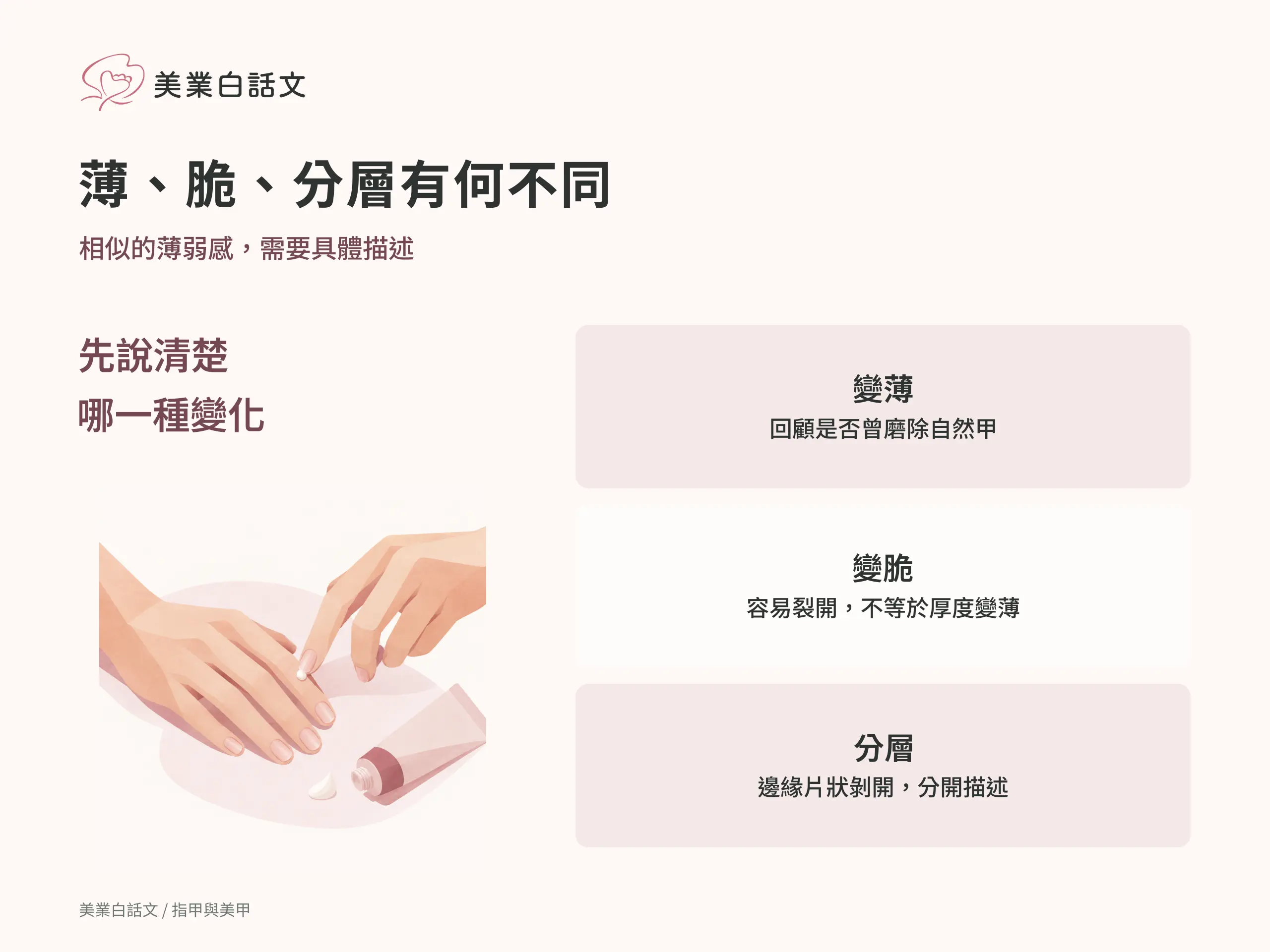 薄、脆、分層有何不同：變薄，回顧是否曾磨除自然甲；變脆，容易裂開，不等於厚度變薄；分層，邊緣片狀剝開，分開描述